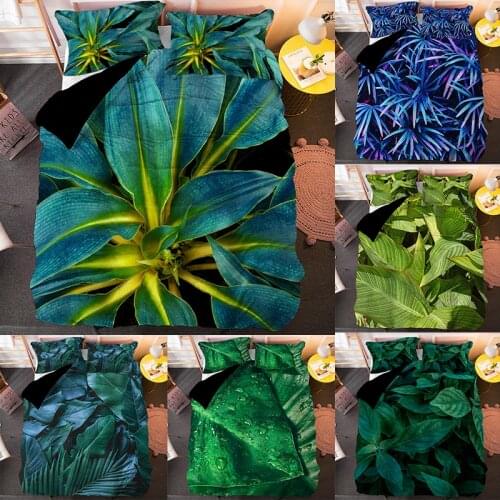 Green Duvet Quilt Cover with Matching Pillow Case Leaves Pattern Printed Bedding Set