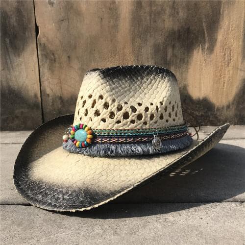 Women Hollow Western Cowboy Hat Summer Lady Boater Sombrero Hombre Hat Fascinator Tassel Sunbonnet Sun Hat