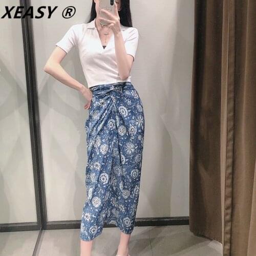 XEASY Za Woman 2021 Blue Print High Waist Long Skirt Women Vintage Textured Knot Front Slit Pencil Skirt Elegant Summer Skirts