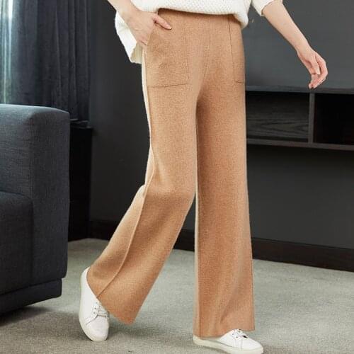 Women 100% Cashmere And Wool Pants 2020 New Autumn Winter Soft Waxy Comfortable High-Waist Knitted Female Thicken Wide Leg Pants