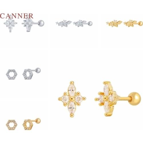 CANNER 1PC Real 925 Sterling Silver Earrings For Women Hexagonal Leaf Thread Stud Earrings Zircon Korean Jewelry Pendientes