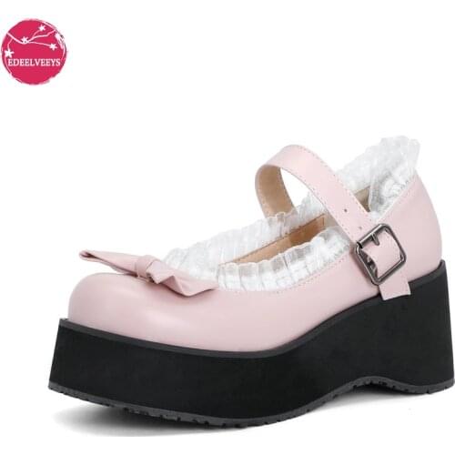 Women Platform Lolita Mary Jane Shoes Goth Cute Vintage Lace Edge Strap Buckle Round Toe Chunky Heel Kawaii Japanese Cosplay