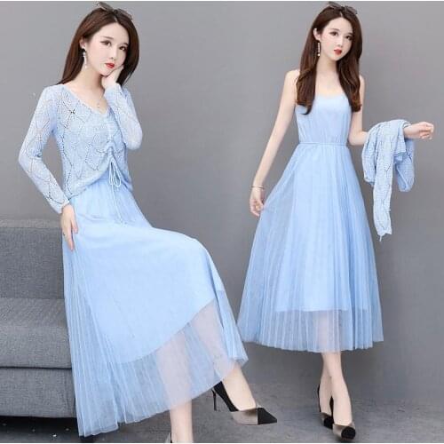 2020 Korean Hollow Out Solid Sexy Coat +Spaghetti Strap Dress 2 Piece Sets Sweet O-Neck High Waist Elegant Sleeveless Suit H135
