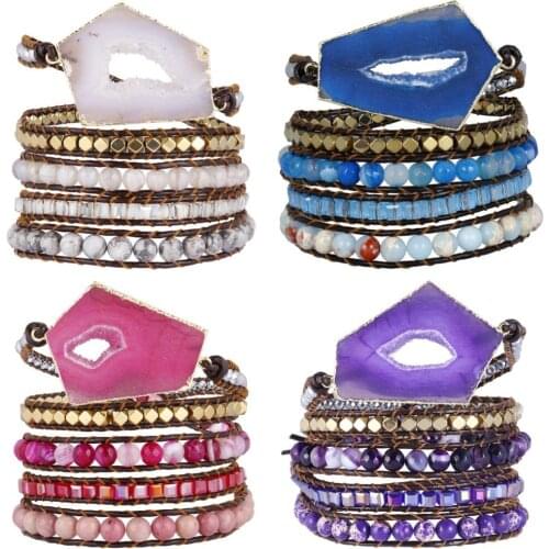 TUMBEELLUWA Women Wrap Bracelets Natural Agate Geode Slice,Mix Crystal Gem stone Beads Bangle Charming Friendship Boho Jewellery