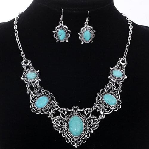 Women\s Hollow Tibetan Oval Turquoise Bib Collar Necklace Earrings Jewelry Set