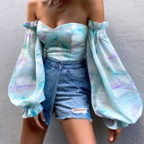 Sexy Off Shoulder Ruffles Summer Crop Top Fashion Women Holiday Beach Shirt Vintage Leaf Printed Elegant 2021 Female Blouse