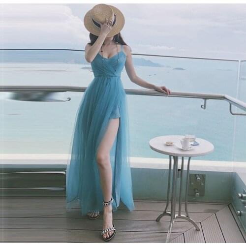 Summer Seaside Holiday Dress Temperament V-neck sexy halterSlim Mid-length Large SwingBlue meshSuper fairySuspender Dress 2021