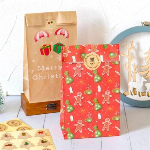 12pcs Christmas Kraft Gift Bags Santa Claus Snowman Xmas Tree Paper Bag With Stickers Party Favor Wrapping Supplies Envelopes