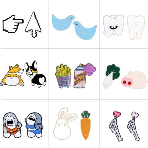 2pcs/set Cartoon Brooches Animal Rabbits Dog Pig Pigeons Skull Hand Tooth Enamel Pin Bag Clothes Collar Lapel Badge Kids Jewelry