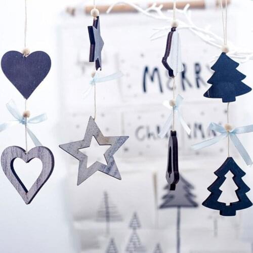 4Pcs/Set Blue Color Wooden Christmas Tree Star Heart Bell Pendant Hanging Ornaments Holiday Decor