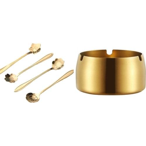 4 Pcs Cute Stainless Steel Flower Teaspoon Dessert Coffee Spoon & 1 Pcs Ashtray Stainless Steel