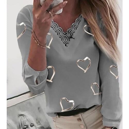 40# Lace Elegant Blouses Women Hearts Print V-neck Lace Patchwork Long Sleeve Tee Shirt Top Blouse Oversize Plus Size Ropa Mujer
