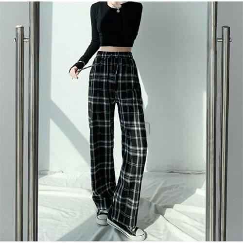 Women Wide Leg Pants Spring Fall Black White Plaid Loose High Waist Slim Straight Casual Mopping Trousers Sportswear Sweatpants