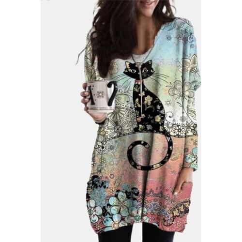 40# harajuku pocket t-Shirt Women oversized 3D Cats Print Streetwear Tee Top O-Neck Long Sleeve Pullover T-shirt mujer camisetas