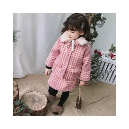 Wool Coats + Skirt Set for Girls New Year Clothes Winter Warm Kids Pink Plaid Woolen Jacket + Short Skirt Two Pcs Sets 2-7 Years