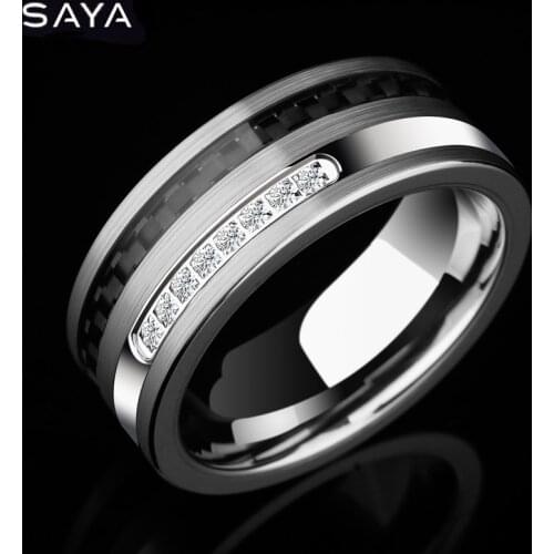 Men Tungsten Rings, 8mm Width Inlay Black Carbon Fiber and White CZ Stones, Customized