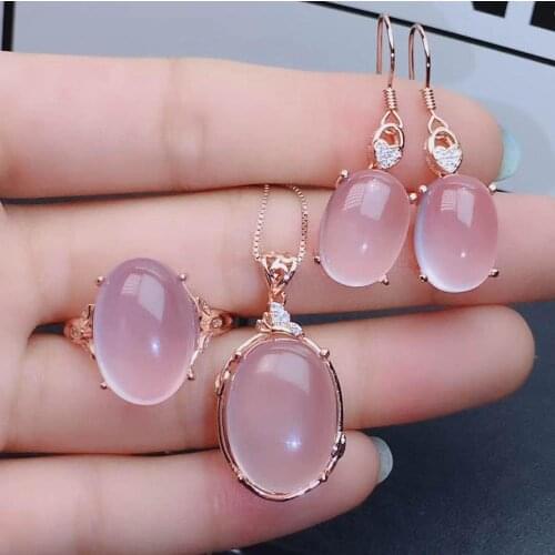 Real Natural Rose Quartz jewelry set Natural Real Rose Quartz 925 sterling silver 1pc pendant,1pc ring,2pcs Earring