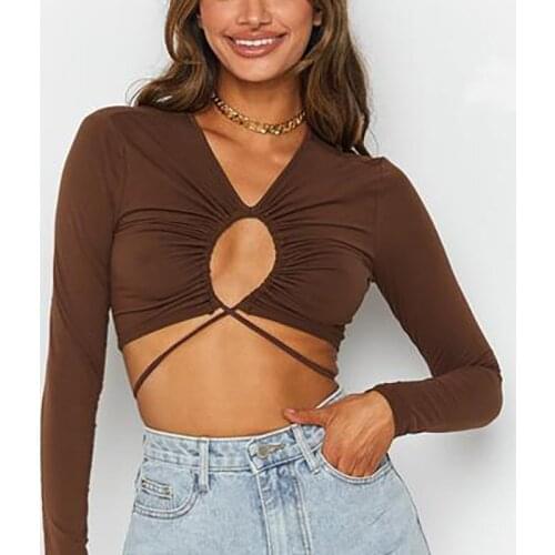 Women Close-fitting T-shirt, Solid Color Long Sleeve Off-the-shoulder Round Collar Hollow Out Crop Tops, Black/ White