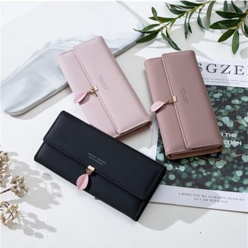 New Women Pu Leather Leaf Wallets High Quality Small Fresh Long Wallet Mobile Phone Bag Ladies Coin Purse Card Bag Clutch