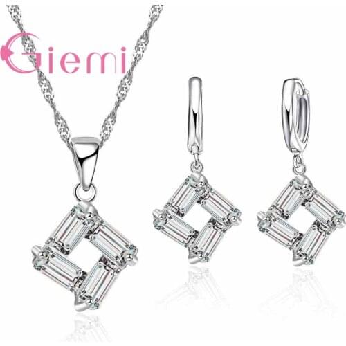 New Dazzling Square Crystal Pendant Necklace Earrings Sets Hot 925 Sterling Silver Fashion Hollow Jewelry Set for Women