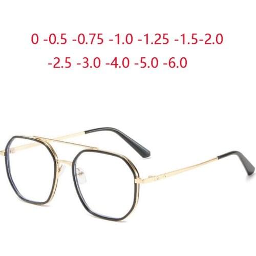 Double Beam Metal Polygon Finished Myopia Glasses Unisex Literary Student Prescription Lens Diopter Glasses 0 -0.5 -1.0 To -6.0