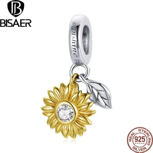 BISAER Yellow Flower shape Charm 925 Sterling Silver Sunflower Pendants Charms For Bangle Bracelet DIY Fine Jewelry EFC462