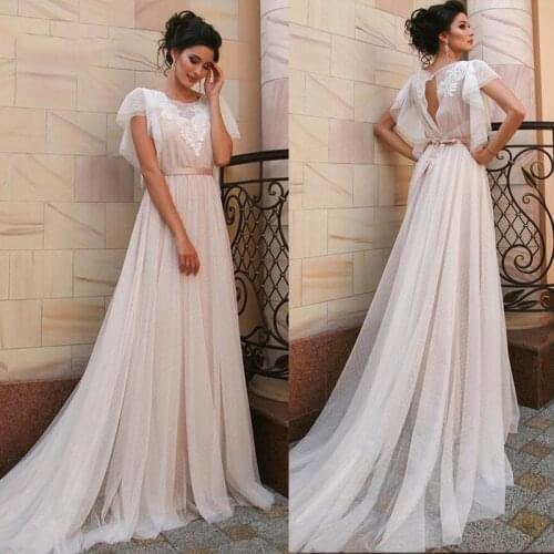 Simple Bohemian Wedding Dress Sexy Open Back Lace Appliques Dot Tulle Bridal Gowns with Belt Princess Party Dress Plus Size