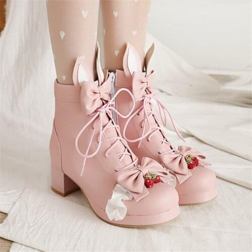 PXELENA JK Design Cute Rabbit Gothic Lolita Cosplay Ankle Boots Women Ruffles Bow Strawberry Uniform Princess Girls Shoes 34-45