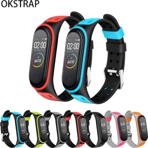 Silicone Strap for Xiaomi Mi Band 3 4 5 Sport Breathable Watchband Pin Buckle Replacement Wristband Two-Color Belt Bracelet