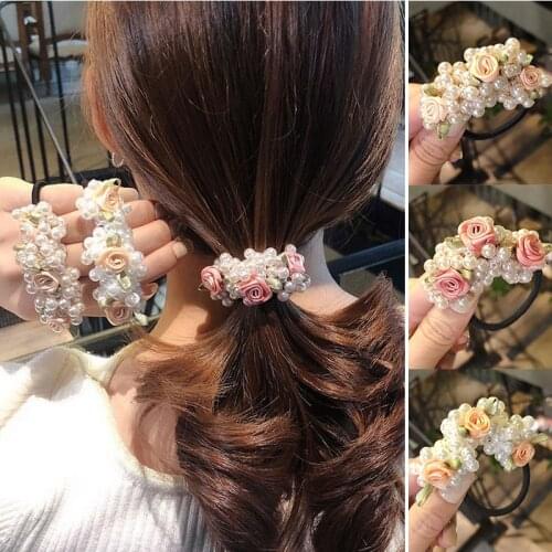 Sweet Pearl Elastic Hair Bands Flower Hair Scrunchies For Women Girls Hair Rope Hair Accessories Beaded Ponytail Hair Tie