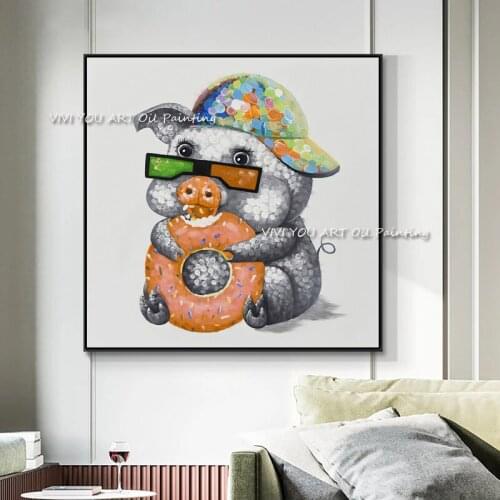 The Hand-painted Cute Hat Pig Animal Swim Ring Color Abstract Oil Painting On Canvas Picture For Children Home Decor Modern Art