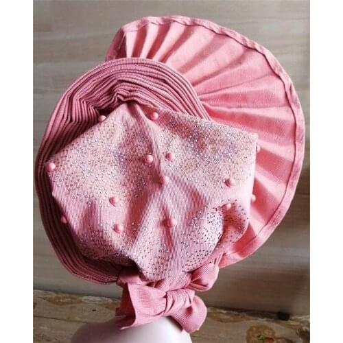 Auto gele already made headtie bonnet nigerian aso oke with beads&stones turban femme head wrap african headtie for party 1set