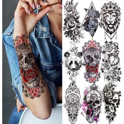 Skeleton King Red Flower Temporary Tattoo Clock Skull Black Mandala Tattoo Sticker For Men Women Kids Adults Tribal Totem Tatoo