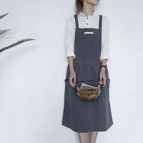 Japanese Style Women Cotton Linen Bib Apron Sleeveless Pinafore Home Kitchen Coffee Cooking Florist Aprons Dress