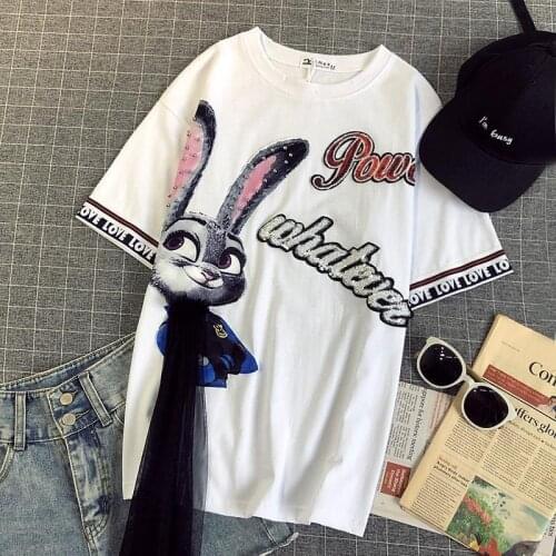 Women New Summer Loose Blouses Black White Novelty Fashion Cute Rabbit Beaded Sequined Appliques Young Ladies Tees Blousas NS859