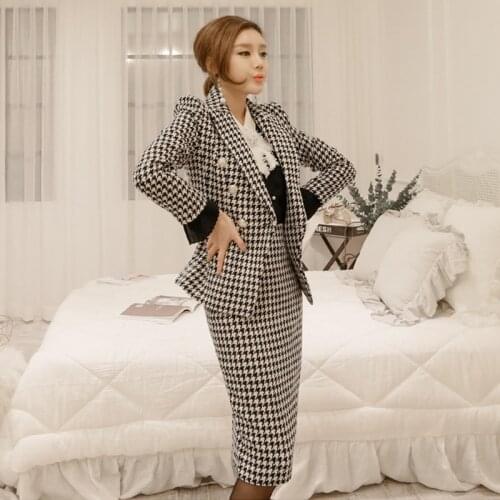 HIGH QUALITY New Stylish Fall Winter 2020 Designer Suit Set Womens Plaid Woolend Tweed Blazer Jacket + Midi Skirt Set
