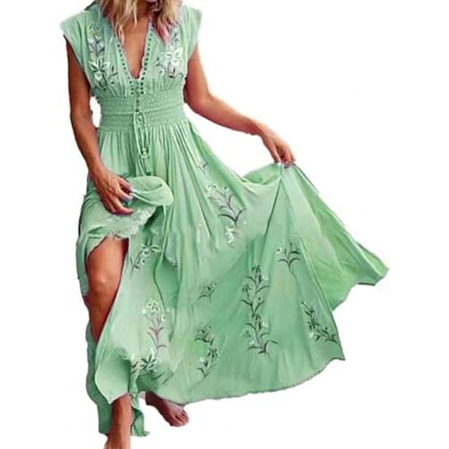 Summer Maxi Dress Boho Women Sleeveless V Neck Floral Print Large Hem Breathable Long Dress Summer Cocktail Party faldas largas