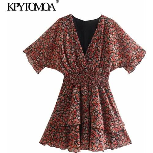 KPYTOMOA Women 2021 Fashion Floral Print Ruffled Mini Dress Vintage Short Sleeve Elastic Waist Female Dresses Vestidos Mujer