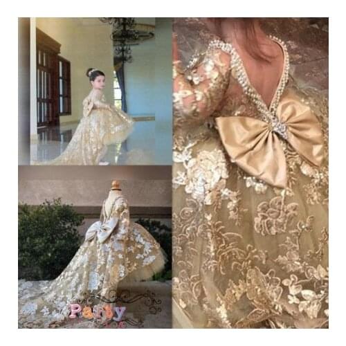 Golden Floral Lace Flower Girls Dresses High Low Ball Gowns Golden Lace High Low Girls Celebrations Pearl Party Dresses Gowns