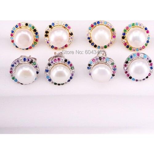 10Pairs ZYZ339-2890 High Quality Gold / Silver Color Sparkling Cubic Zirconia CZ and Shell Pearl Stud Earrings