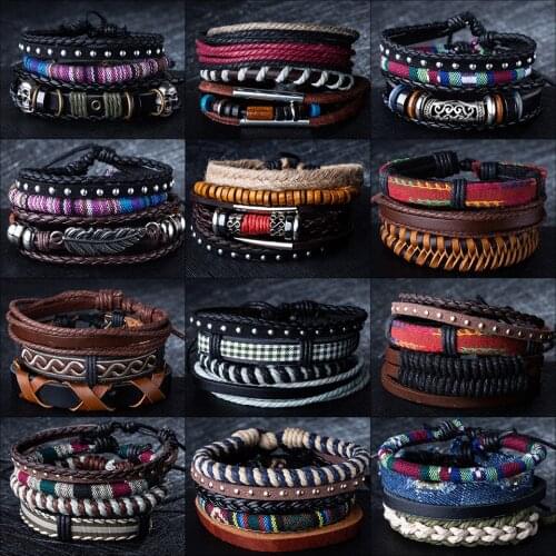 12 Style Metal Leather Bracelets Men Jewelry Vintage Classic Retro Plant Charm Bracelet Bangles Homme Male Jewellry 20.5CM