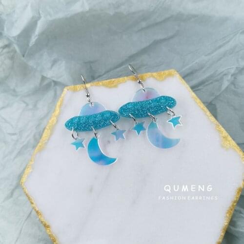 2021 New Qumeng Hip-Hop Funny Spaceship UFO Stars Moon Acrylic Pendant Earrings For Women Punk Nightclub Creative Jewelry Gifts