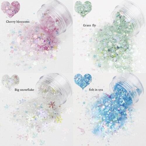 50g/bag Nail Glitter Flakes 3D Mixed Size Snowflake/Fish/Heart/Leaves/Butterfly/Star/Moon/Cloud Sparkly Decor Nail Art Sequins
