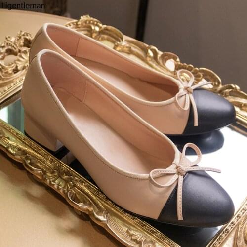 Ballet Tweed Heels Shoes Woman Basic Pump 2021 Two Color Stitching Spring Autumn Bow Work Shoes Fashion Party Women Shoes Pumps