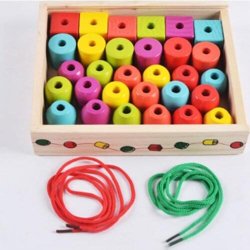 Geometric Shape Wooden Lacing Beads Kids Montessori Blocks Threading Educational Toy Gift for Children