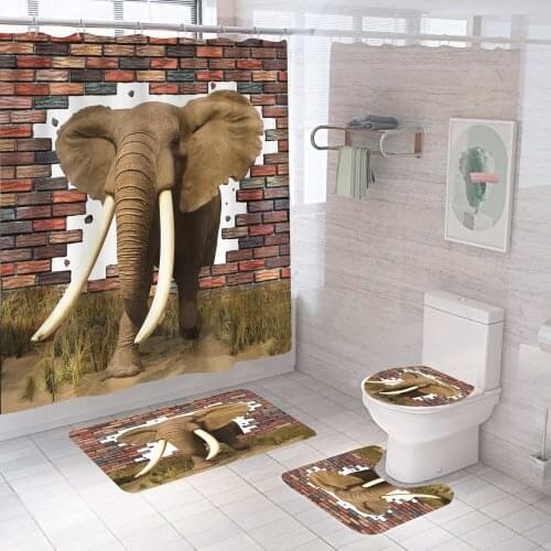 Design 3D Print Animal Elephant Shower Curtains Fabric Curtain Bath Mat Kitchen Toilet Rug Non-Slip Floor Carpet Bathroom Set
