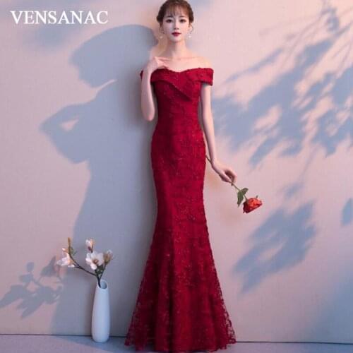 VENSANAC Boat Neck Lace Appliques Mermaid Long Evening Dresses Party Short Sleeve Backless Prom Gowns