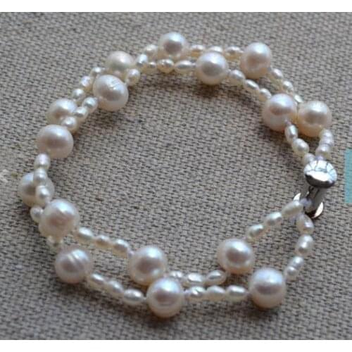 Favarite Pearl Fine Jewelry 3-8mm 2 Rows White Color Freshwater Pearl Bracelet Wedding Party Birthday Prom Charming Women Gift