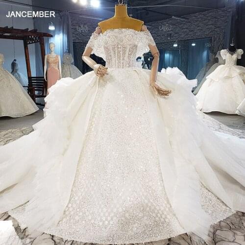 HTL2126 Short Sleeve Luxurious Off-Shouder Sequined Backless Wedding Dress 2021 For Woman Ball Gowns