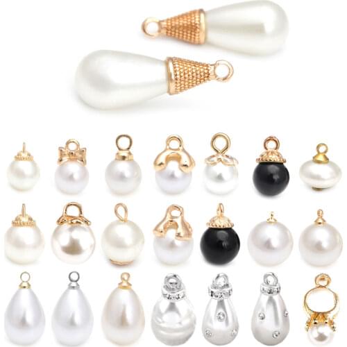 38494)20PCS 8MM 12MM 14MM Gold Color and White Beads Brass and Plastic Imitation Pearls Round Ball Beads Charms Pendants